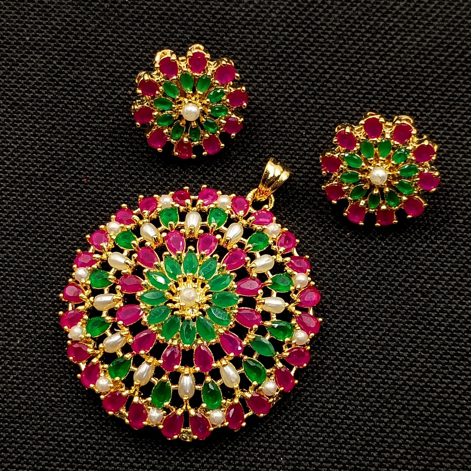 Ruby Emerald & Pearl Pendant Set 22k Gold Plated Traditional Indian Jewelry Gift