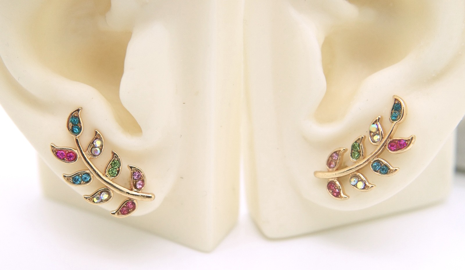 New Leaf Crystal Ear Pins Crawlers Gold Filled Earrings Pair Cuff 1″
