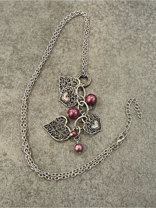 Filigree Heart Pendant Necklace Purple Beads Silver Tone Chain 30-32 Inch Womens