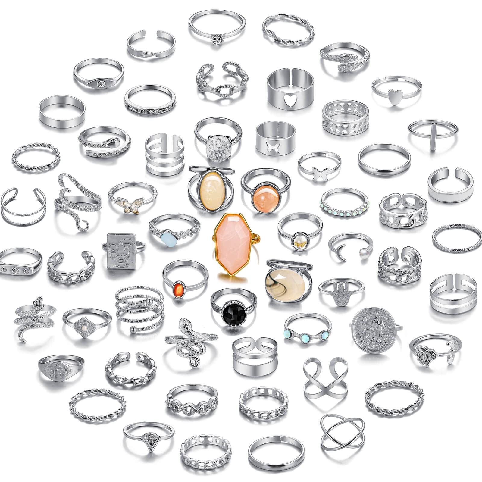 60 Pcs Silver Stacks Ring Sets for Non Tarnish, Dainty Vintage Stackable Ring…