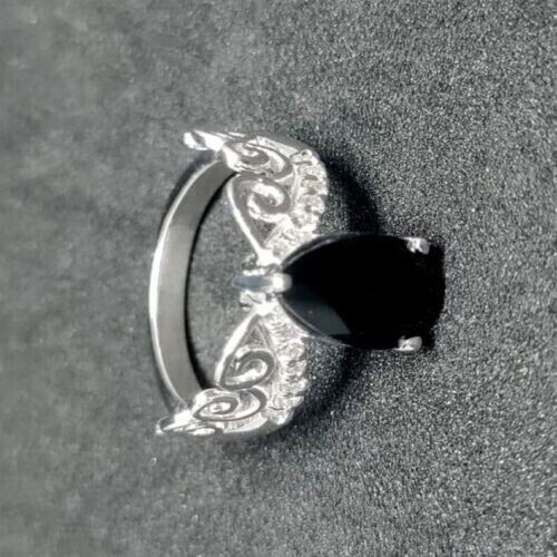 Pear Cut Simulated Black Diamond Women’s Pretty Band Ring 14K White Gold Plated