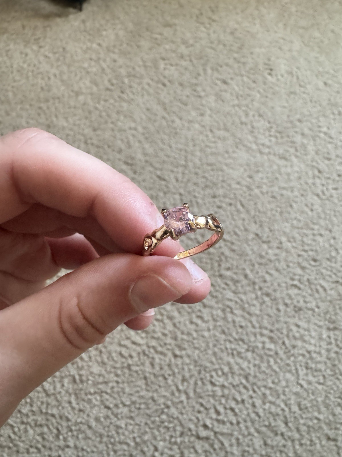 Yellow Gold Plated Band Ring Size 7, Pink Square Stone, Prong Setting