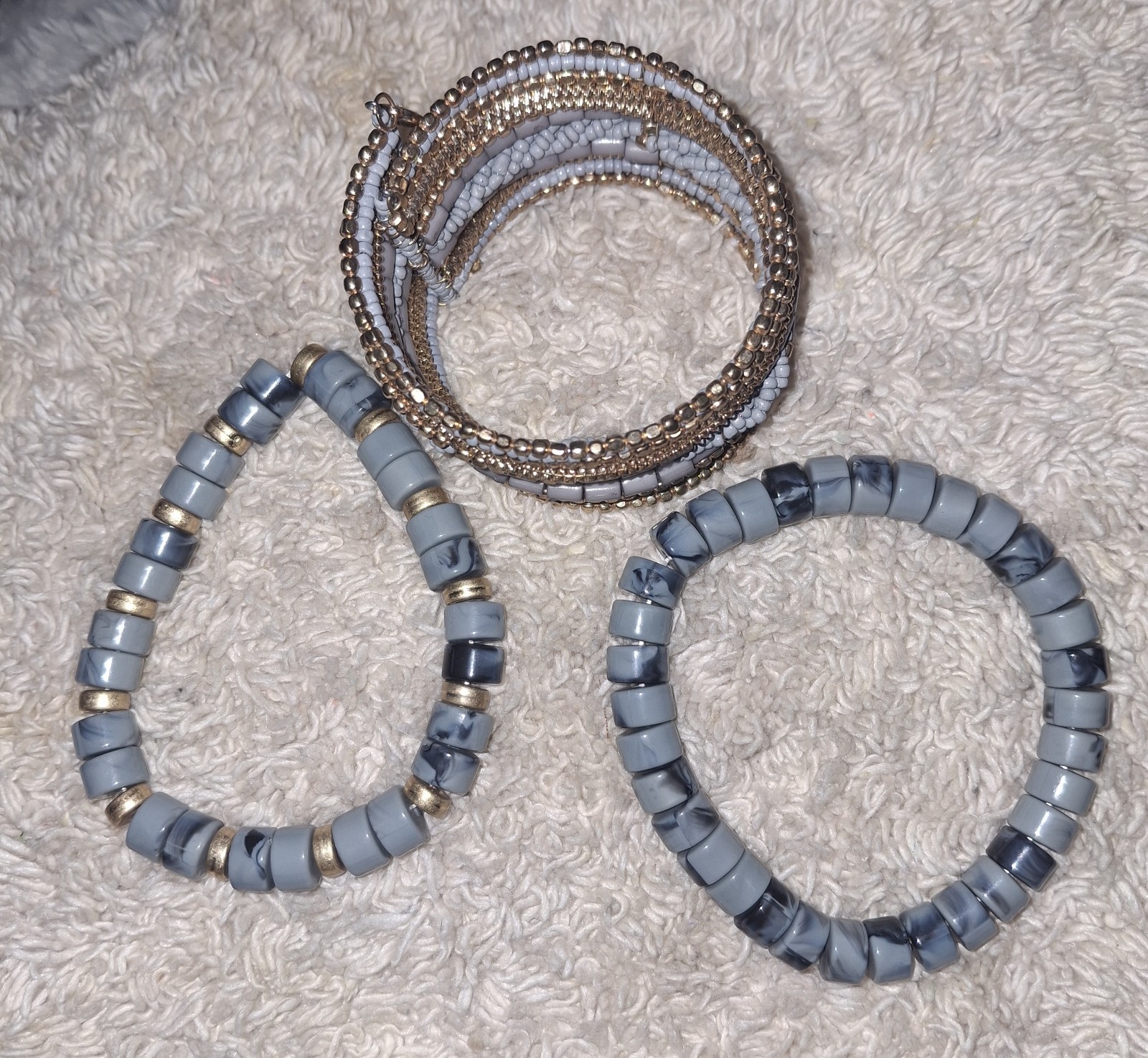 3 Bracelets – Gray Marble Stone Beads. Gold Accent. One Cuff Bracelet.