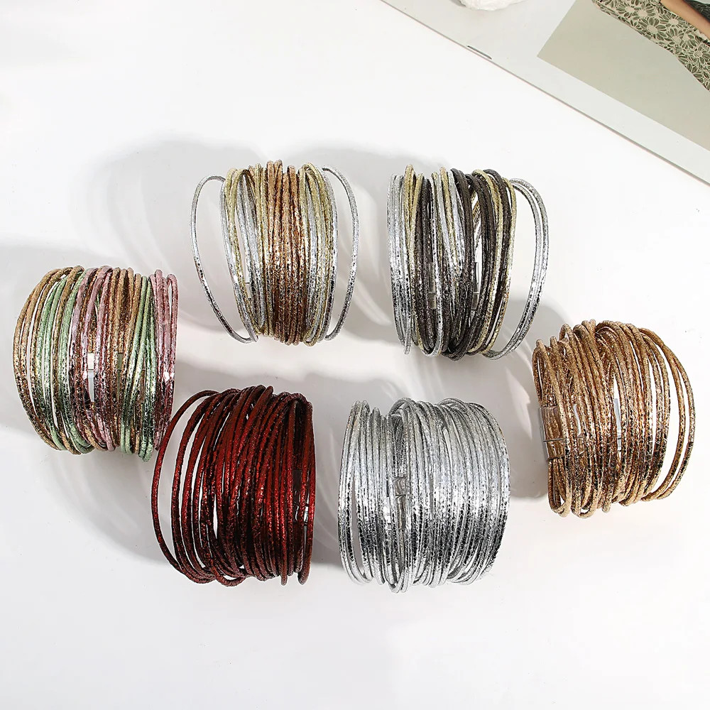 Triple Color Leather Wrap Bracelet Multilayer Slim Glitter Rope Chain Women