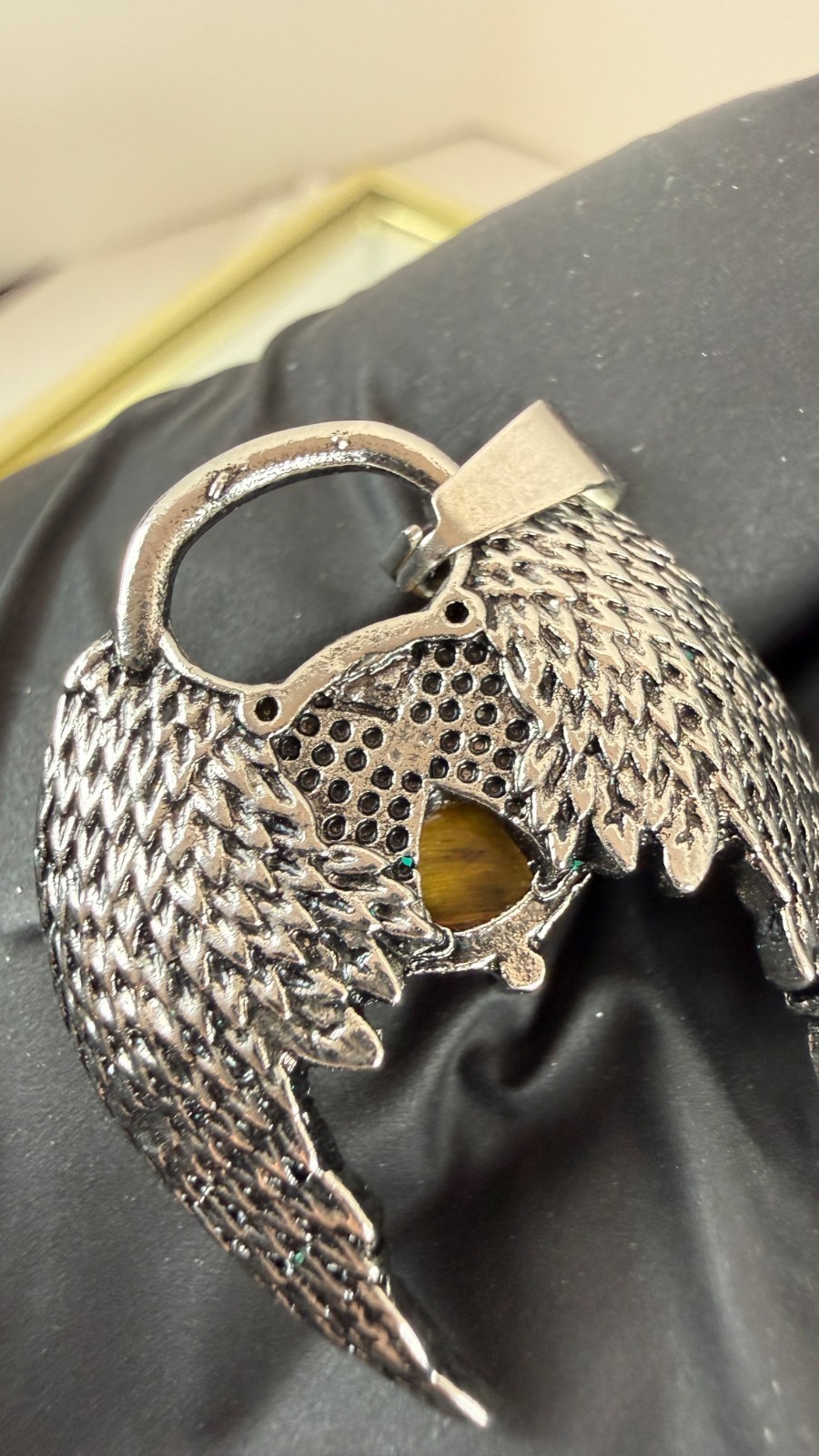 Angel Wing Tiger’s Eye Pendant | Silver Tone Fantasy Gothic Jewelry