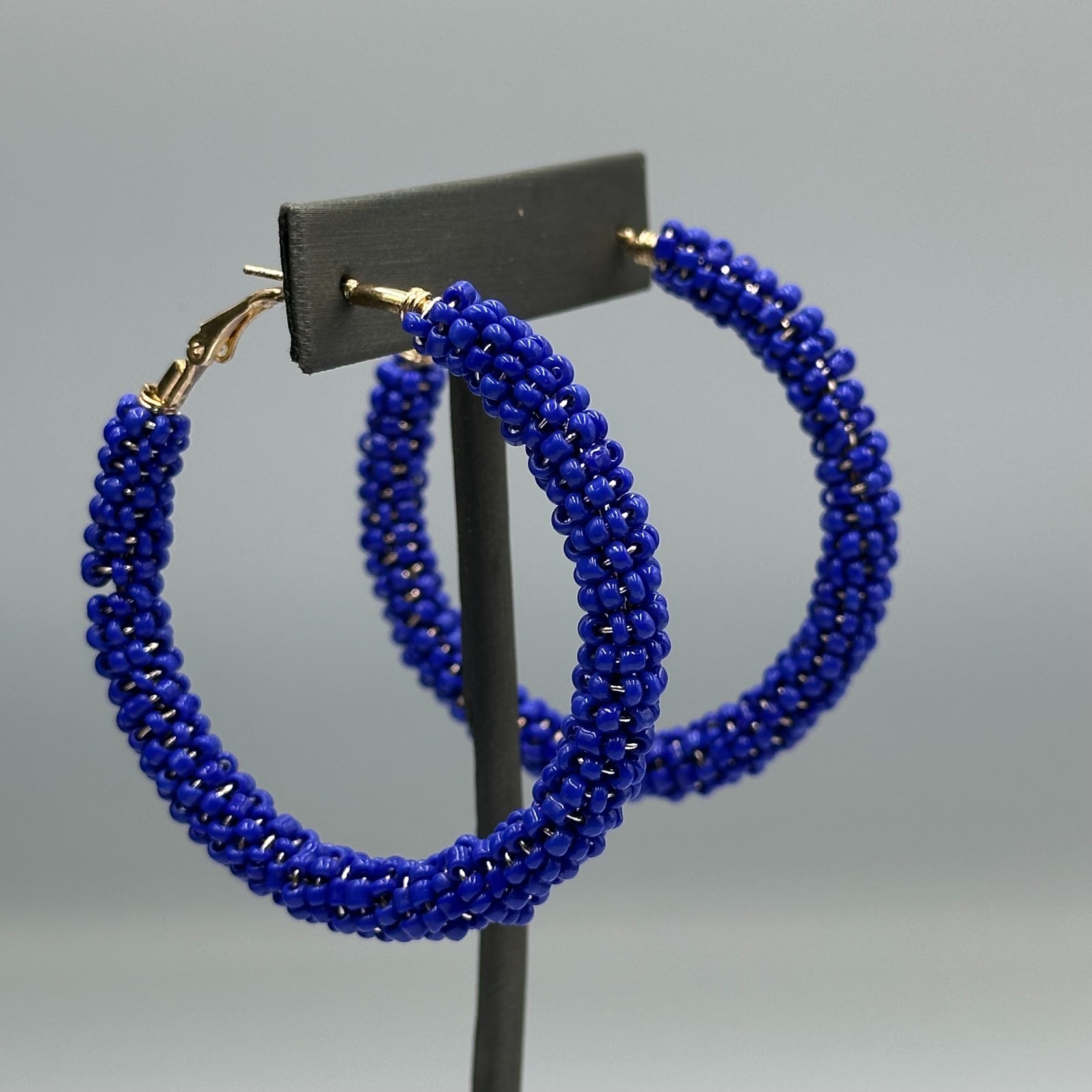 Blue Beaded Hoop Earrings Gold Tone Seed Beads Wire Wrapped Chunky Statement