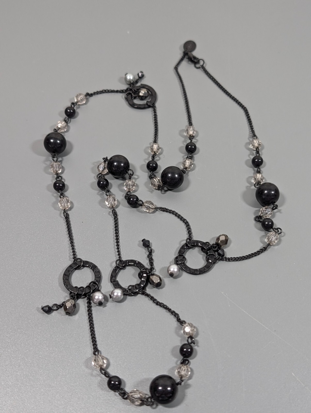Black Beaded Chain Link Gray Long Charm Necklace Dark Gothic Western 34 inch