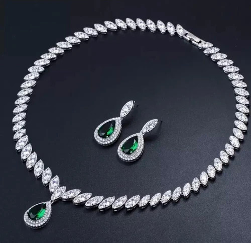 18k Platinum Plated Made Simulated Diamond Necklace Earrings Green Jewelry Set