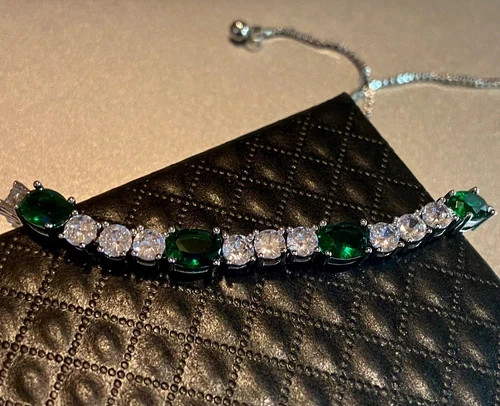18K White Gold Plated Bolo Tennis Bracelet Made Simulated Diamond Green Stone