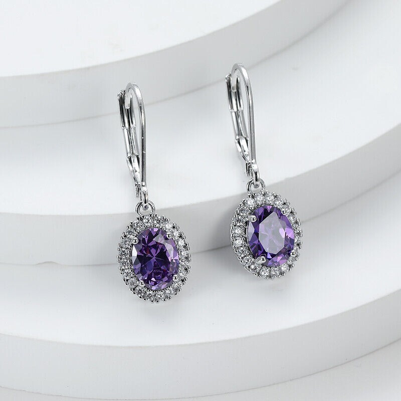 3Ct Oval Simulated Amethyst Women’s Halo Drop Earrings In 14K White Gold Plated