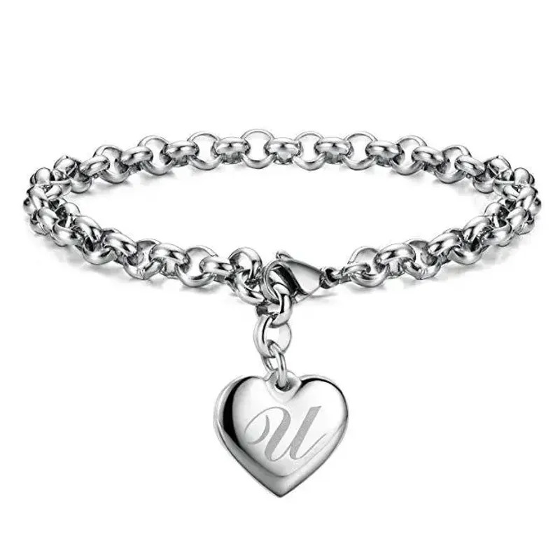 925 Sterling Silver Jewelry A-Z Letter Trinket Heart Bracelet –
