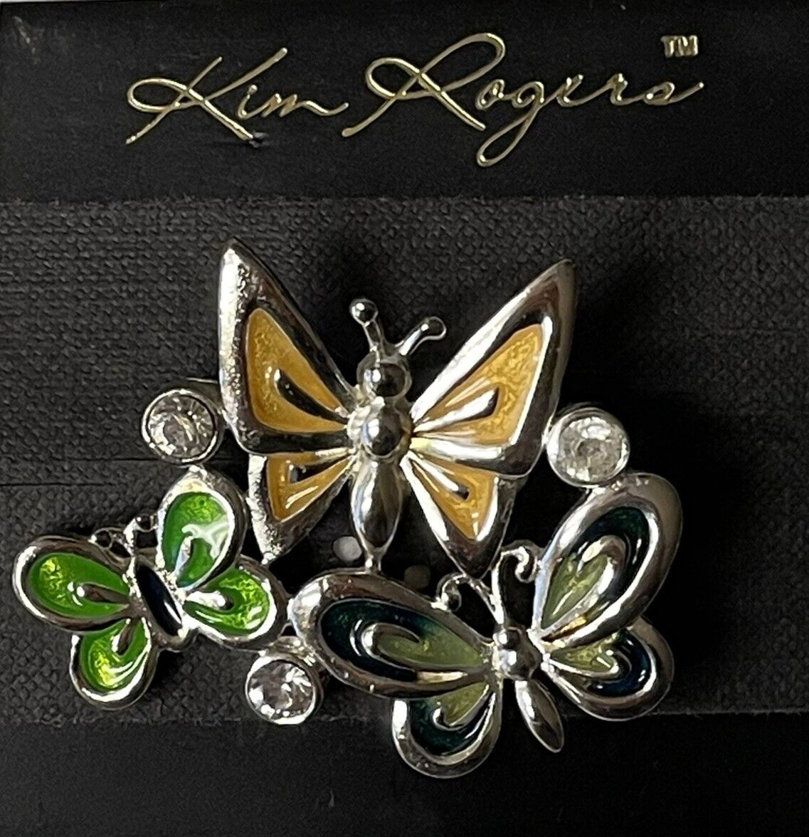 Kim Rogers Butterfly Brooch Silver Toned With Clear Rhinestones Enamel Pin NEW