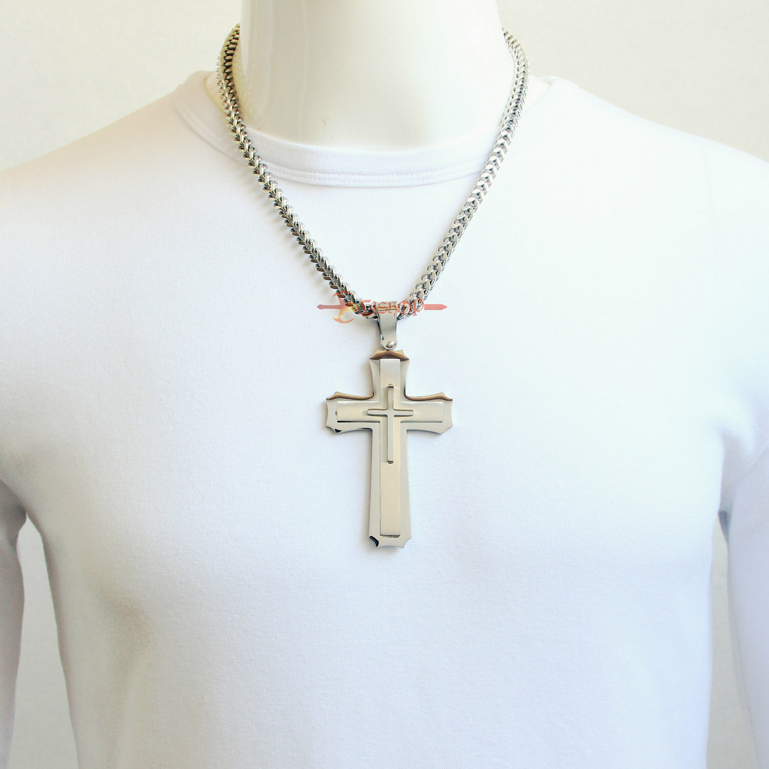 Heavy & Big Mens 3 Layer Stainless Steel Christian Cross Pendant Necklace Silver