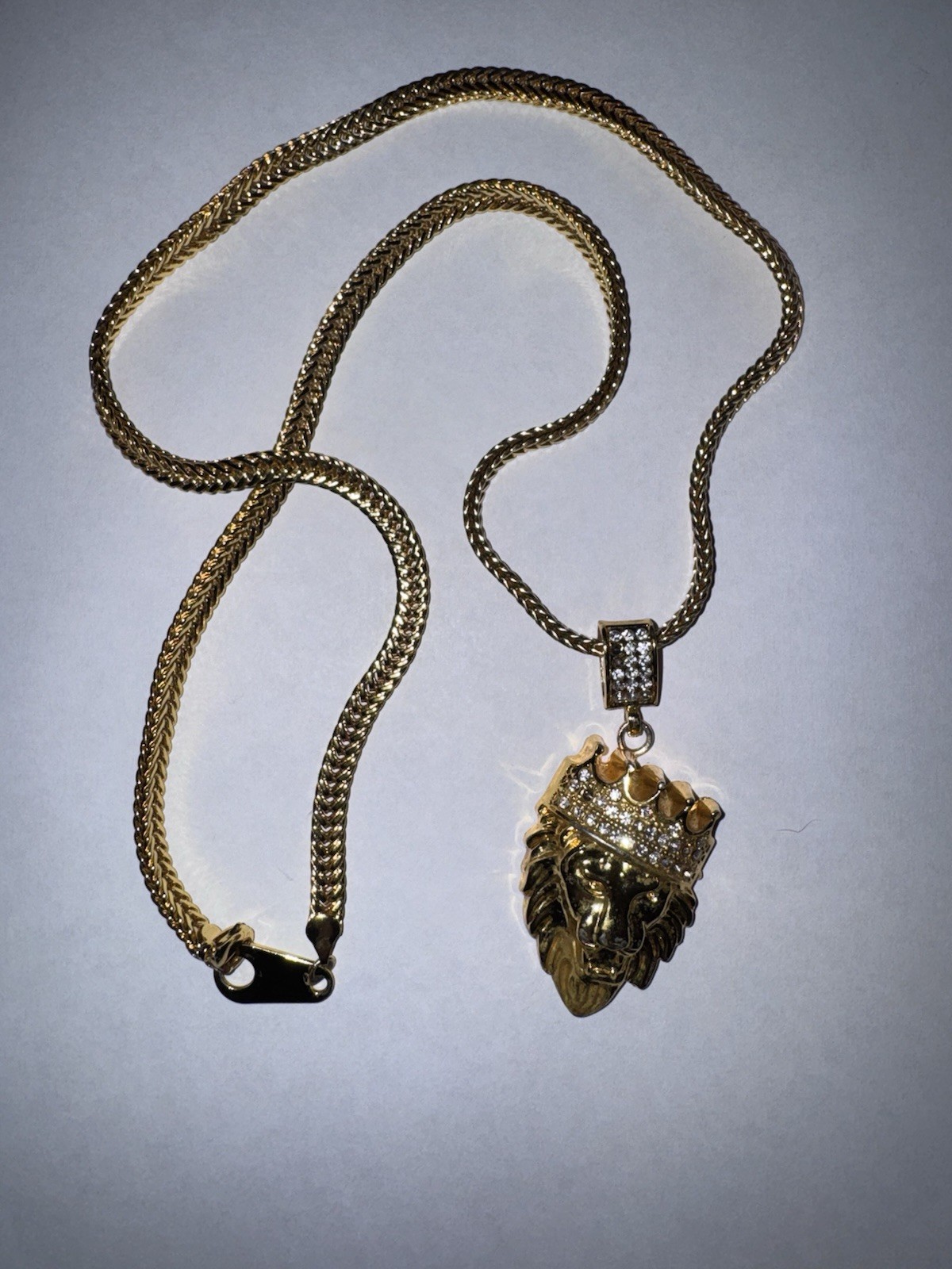 Gold Plated Cuban Link Chain Necklace Lion Head Crown Charm Pavé Rhinestone