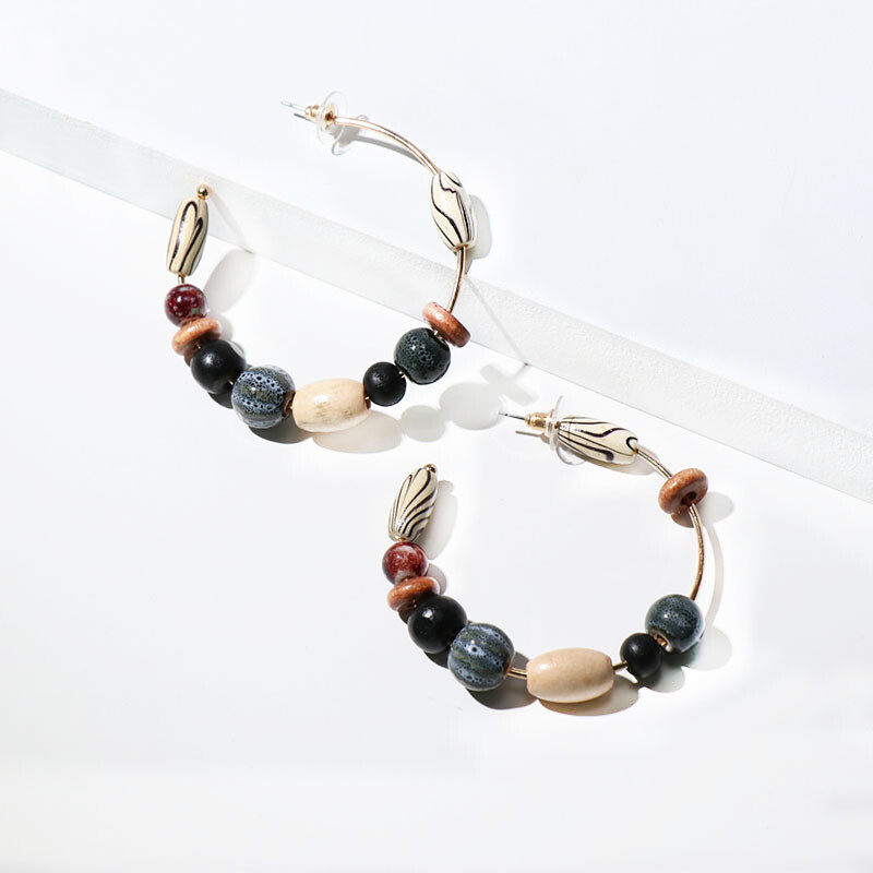 Wooden Beaded Hoop Earrings, 4 Colors, Your Choice Yellow, Blue, Black or Brown