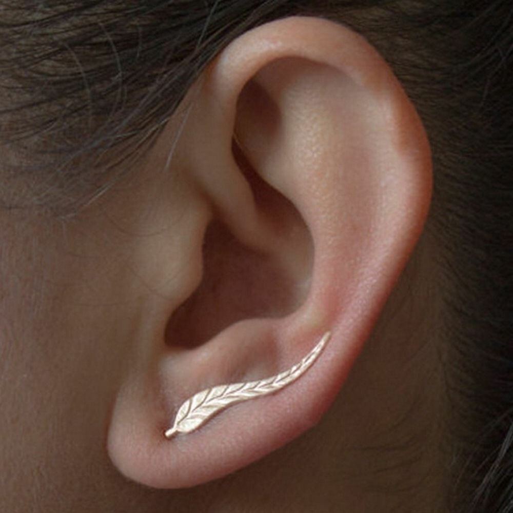 14K Gold over Stainless Steel Diamond Cut Leaf Ear Climber Crawler Earring