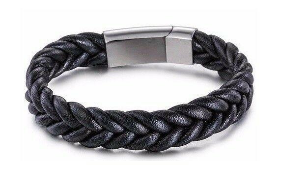 Unisex Black or Brown Stainless Steel and Woven Leather Cuff Bracelet Wristband