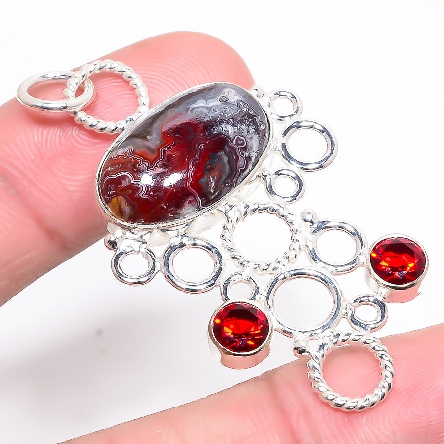 Mexican Laguna Lace Agate, Garnet 925 Silver Plated Pendant 2.25″ T92