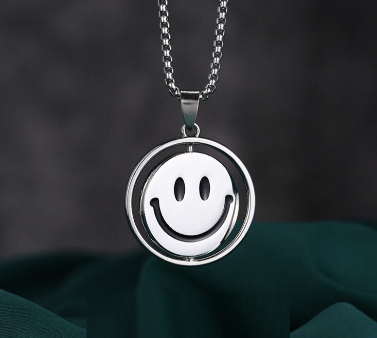 Silver Titanium Happy Smail Face Convert Sad Face Pendant Chain Necklace