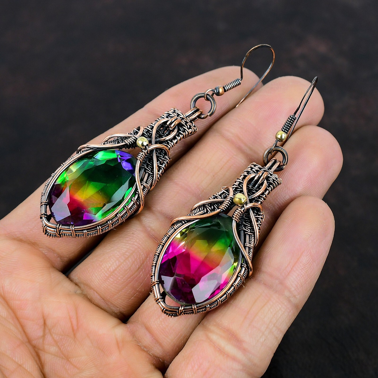 Multi Tourmaline Copper Love Gift Wire Wrapped Drop/Dangle Earrings 2.95″