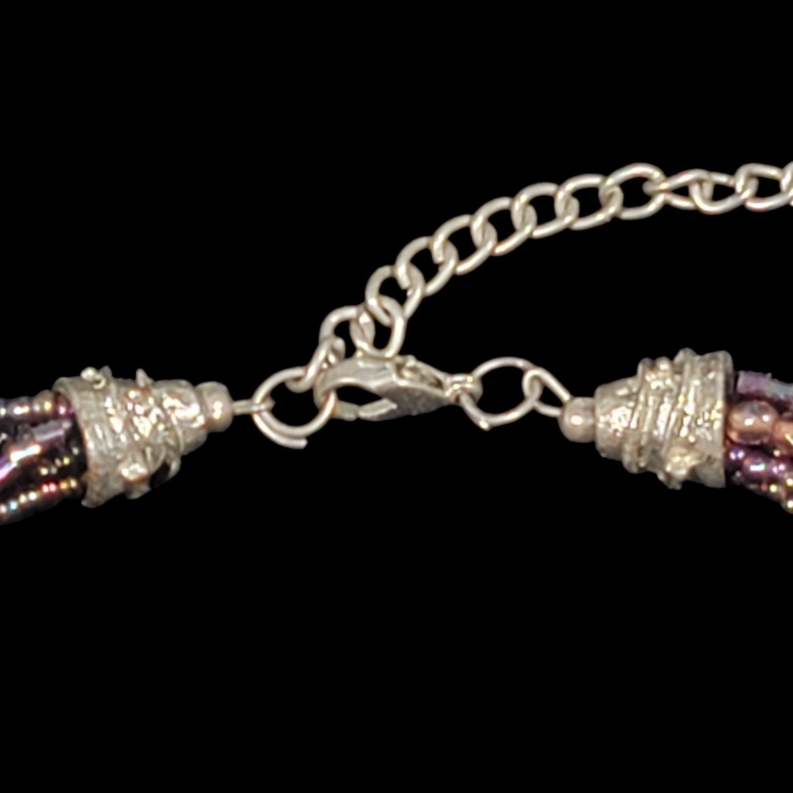 Purple Cabochon Multi Strand Beaded Statement Necklace 19″ Mauve Silver Tone