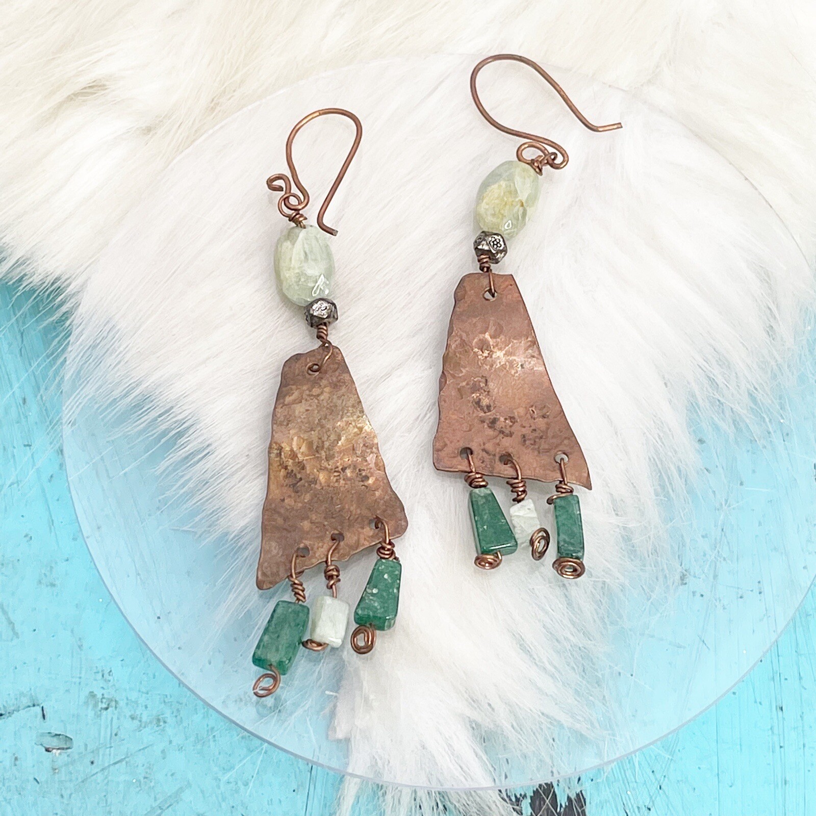 Artisan Hammered Copper Dangles Green Jade Gemstone Earrings French Hook