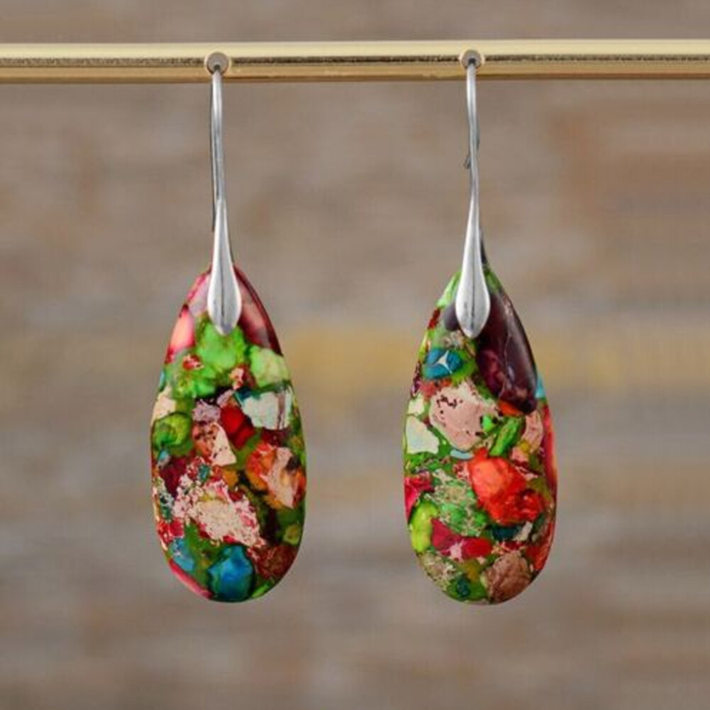Natural Imperial Jasper Stone Teardrop Dangle Earrings Gemstone Drop Earrings