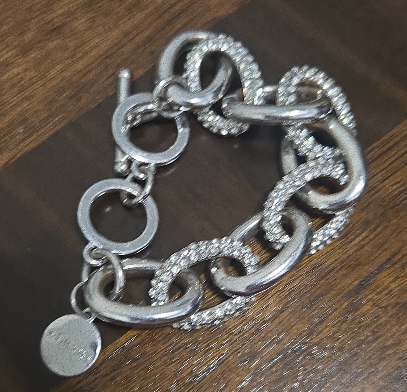 Chico’s Silver Tone Oval Link Crystal Rhinestone Toggle Dangle Charm Bracelet