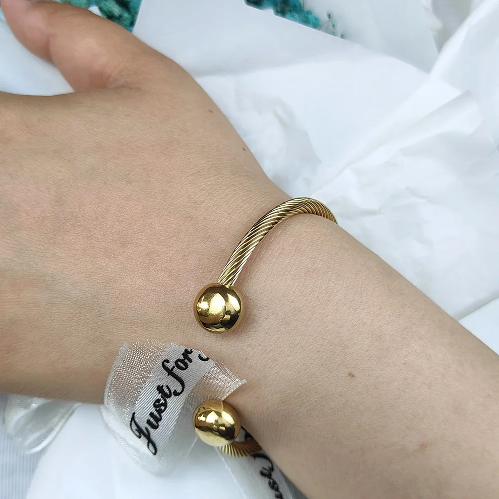 Unisex Stainless Steel Braided Open Cuff Bracelet Gold Silver Ball