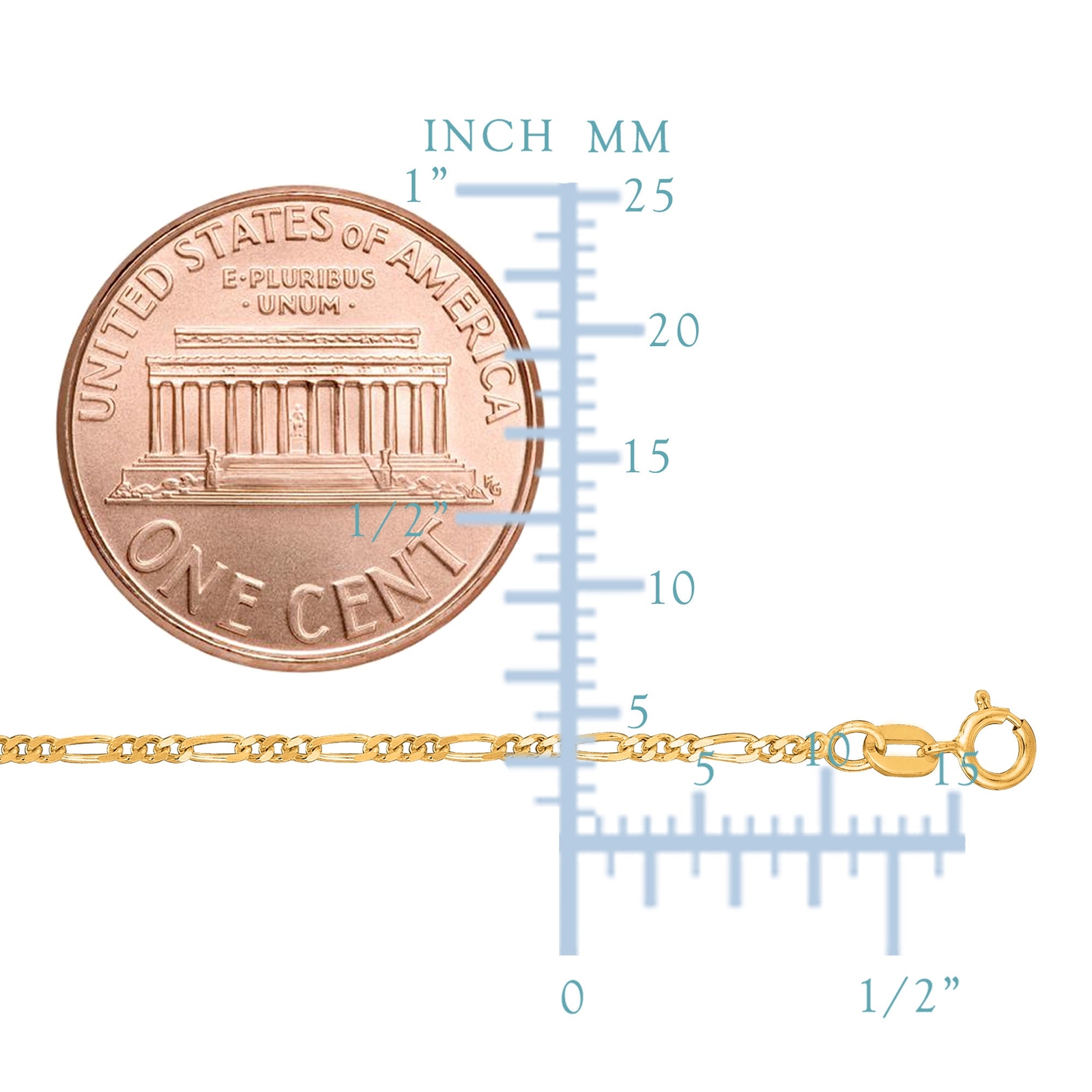 14k Yellow Real Solid Gold Figaro Chain Necklace, 1.3mm, 16″