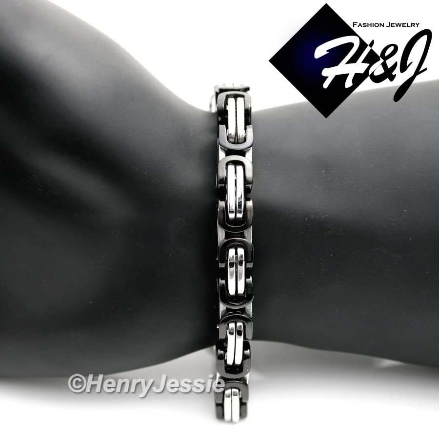 7.5″-11″MEN Stainless Steel 9mm Black Plated/Silver Byzantine Box Chain Bracelet
