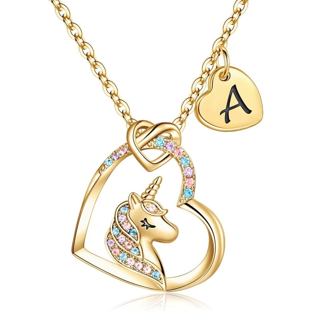 Unicorn Heart Initial Necklaces for Women Girls 14K Gold Plated Heart Necklace