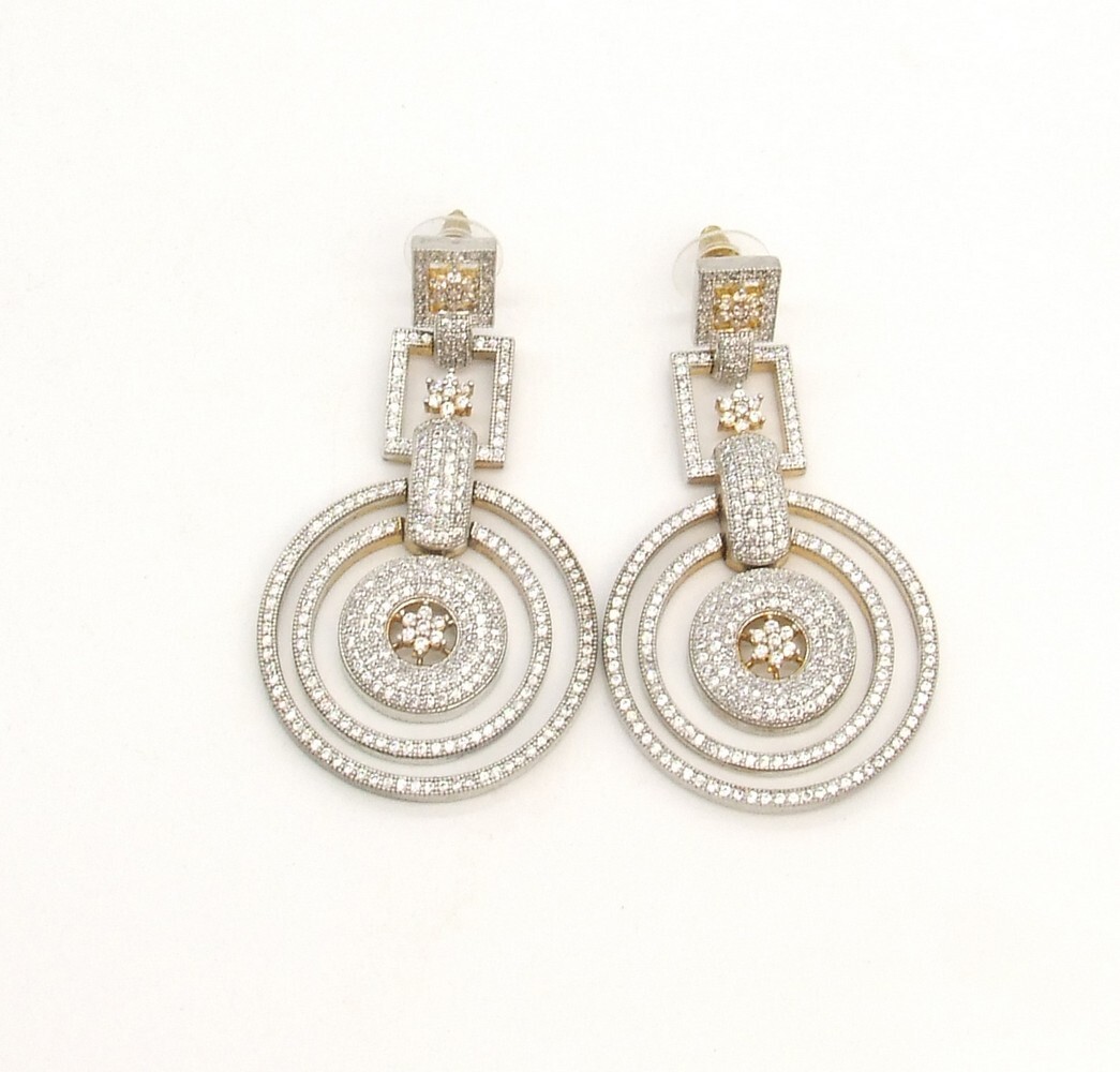 2.75″ Two-Tone Runway Pave Crystal Dangle Pierced Earrings Prong Set Open Backs
