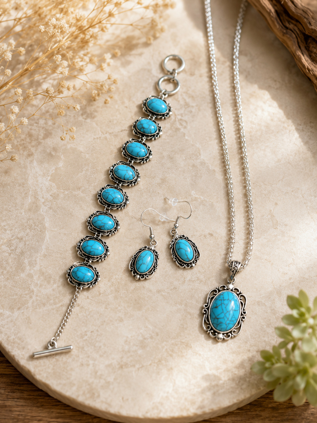 Western Turquoise Look Jewelry Set Necklace Bracelet Earrings Silver Tone Boho S