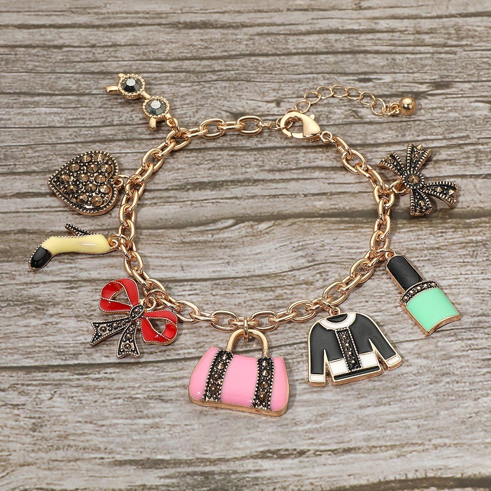 Boutique Fashion Bracelet with Heel, Purse & Lipstick Charms Gift for Her Gold