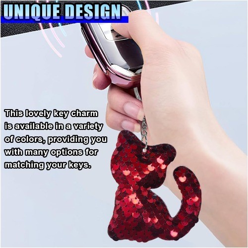 Sparkly Cat Sequin Keychain for Car Keys, Cute Glitter Kitty Keyrin Color: Red
