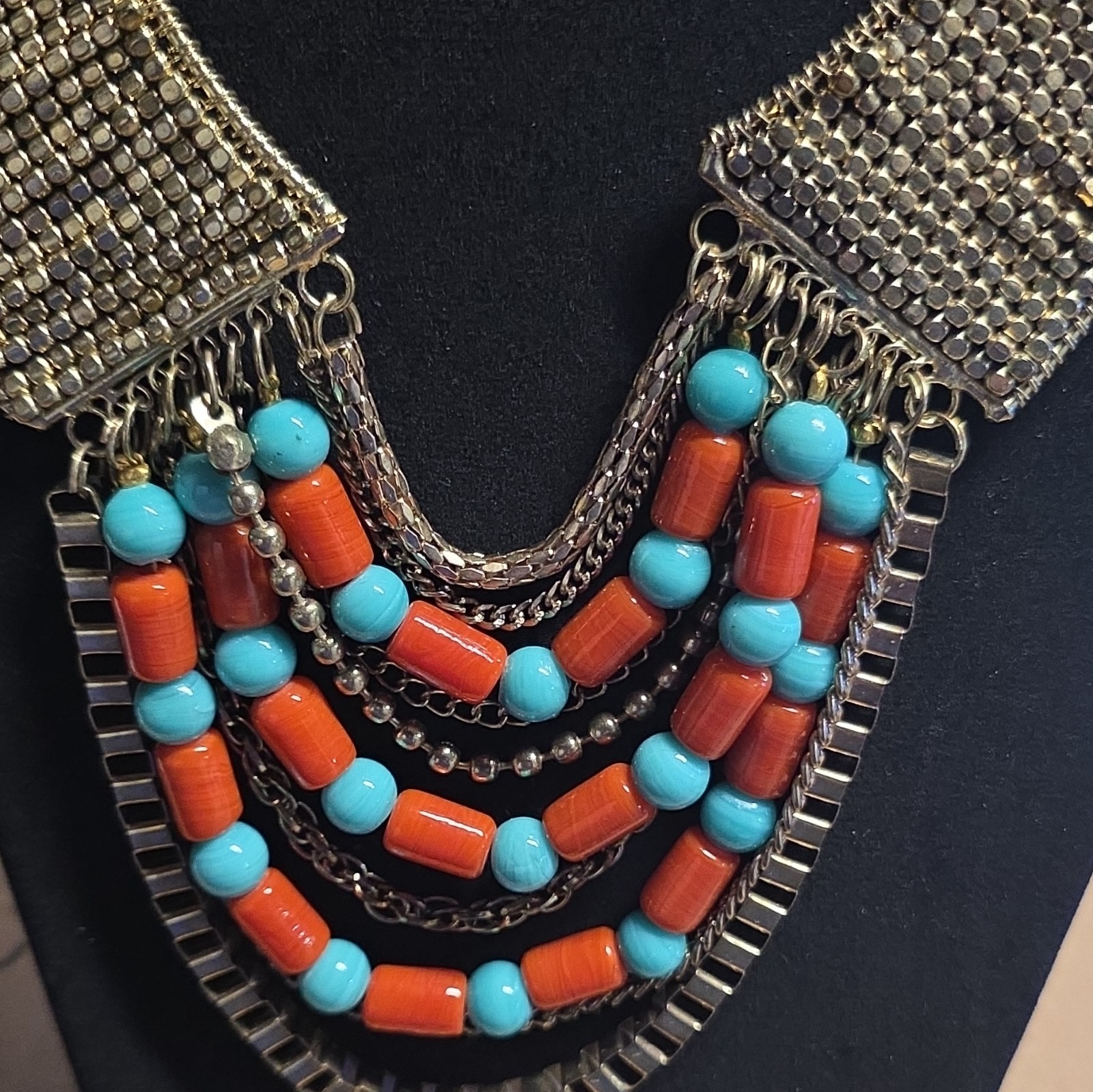 BAJALIA Bib Statement Beaded Necklace Gold Tone Turquoise/Orange