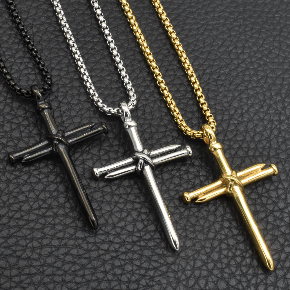 Nail Cross Pendant Necklace – Alloy Metal, 3 Colors, 24″ Rounded Box Chain