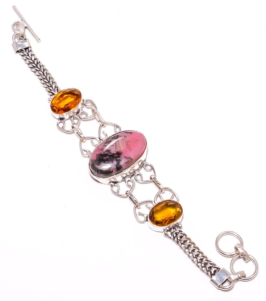 Black Manganese In Rhodonite & CiRine 925 Sterling Silver Bracelet 7-7.99″ TB117