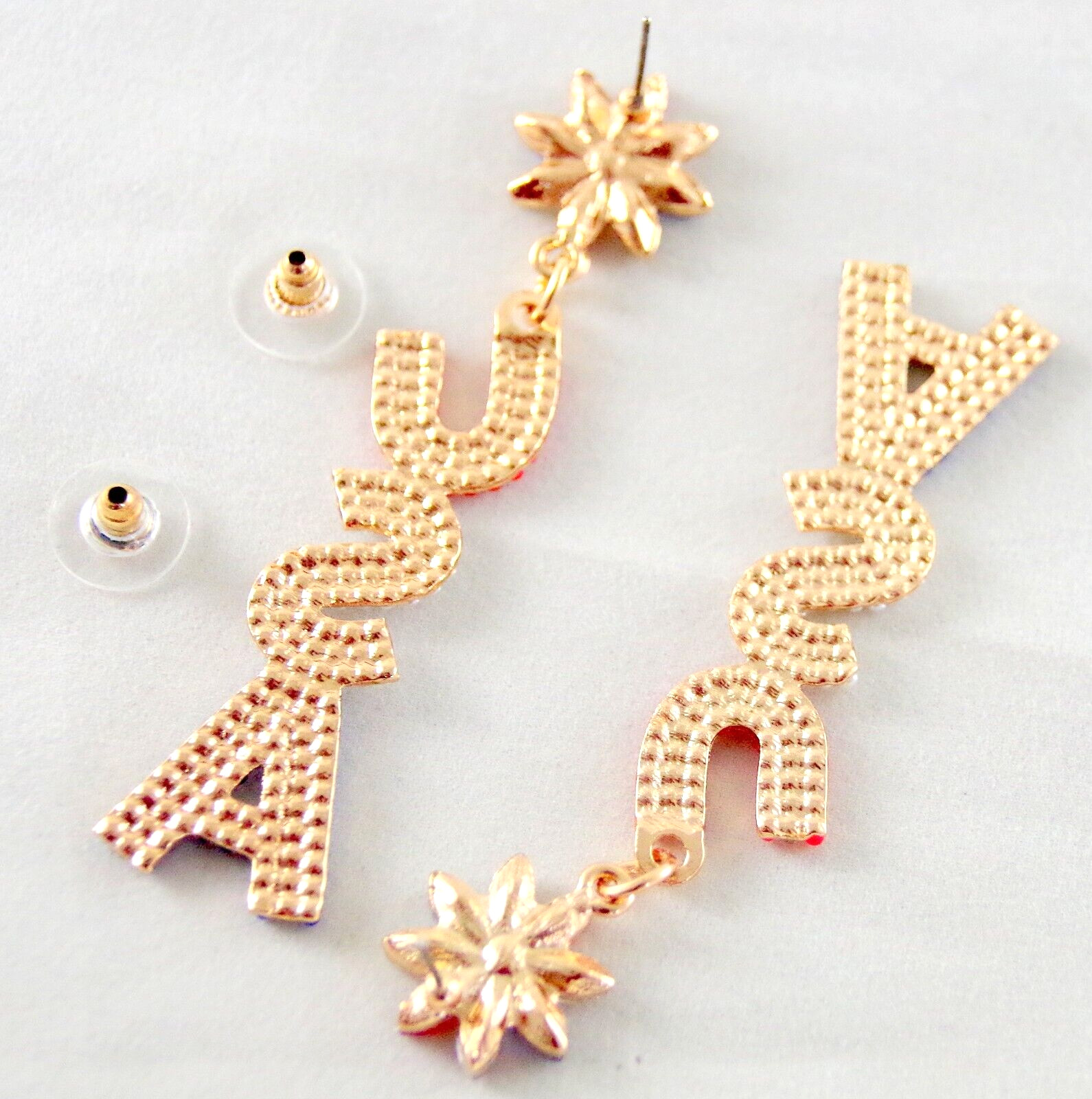 3″ BETSEY JOHNSON PATRIOTIC USA RED WHITE & BLUE RHINESTONE DROP DANGLE EARRINGS