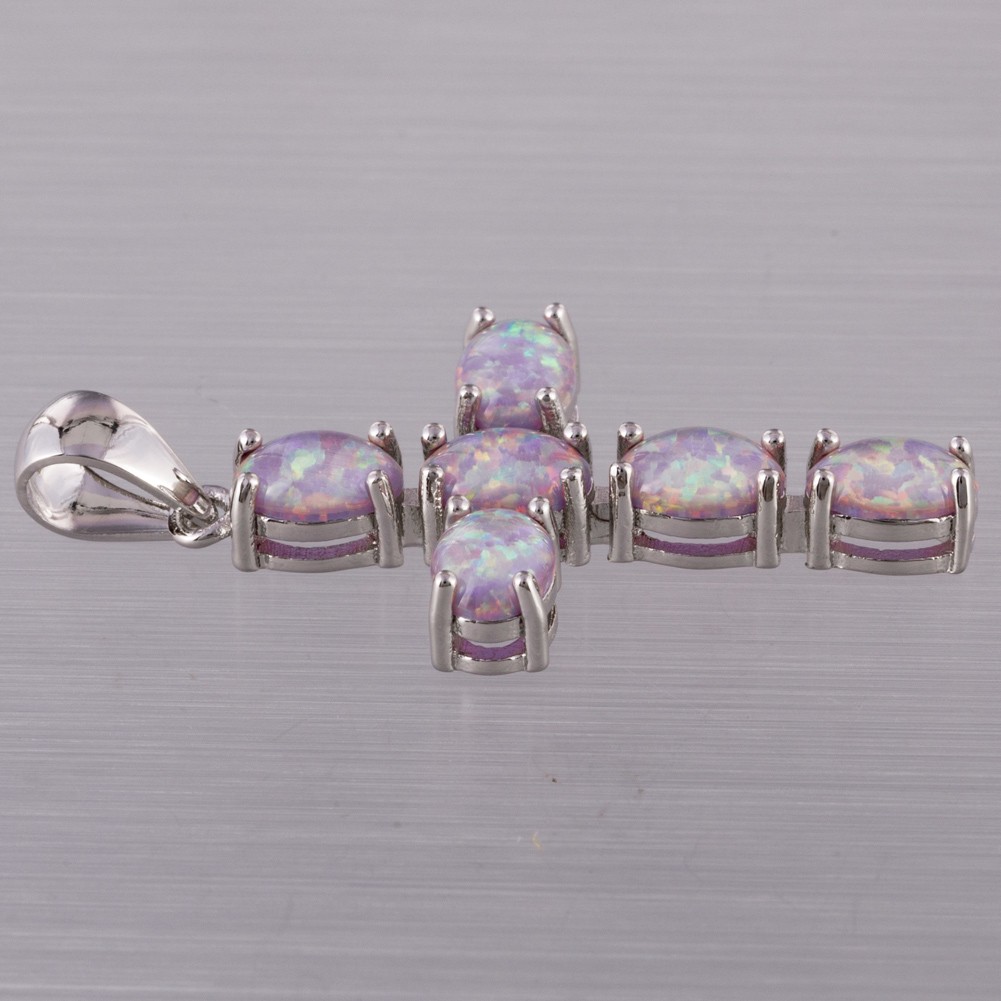 Latin Cross Lavender Purple Fire Opal Cabochon Silver Jewelry Necklace Pendant