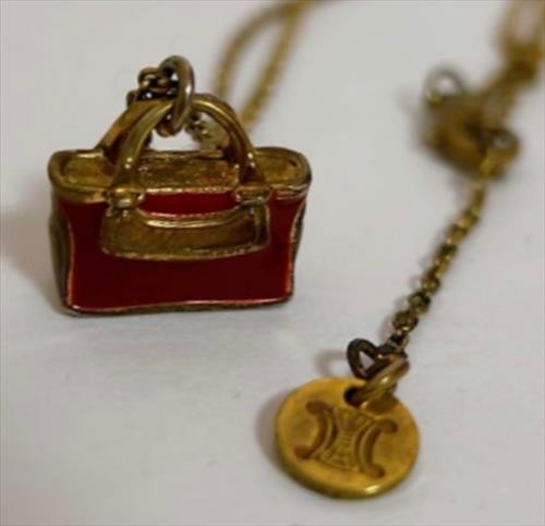 CELINE Necklace Handbag Motif Pendant Enamel Red Gold Length: 20.5 in.Vintage