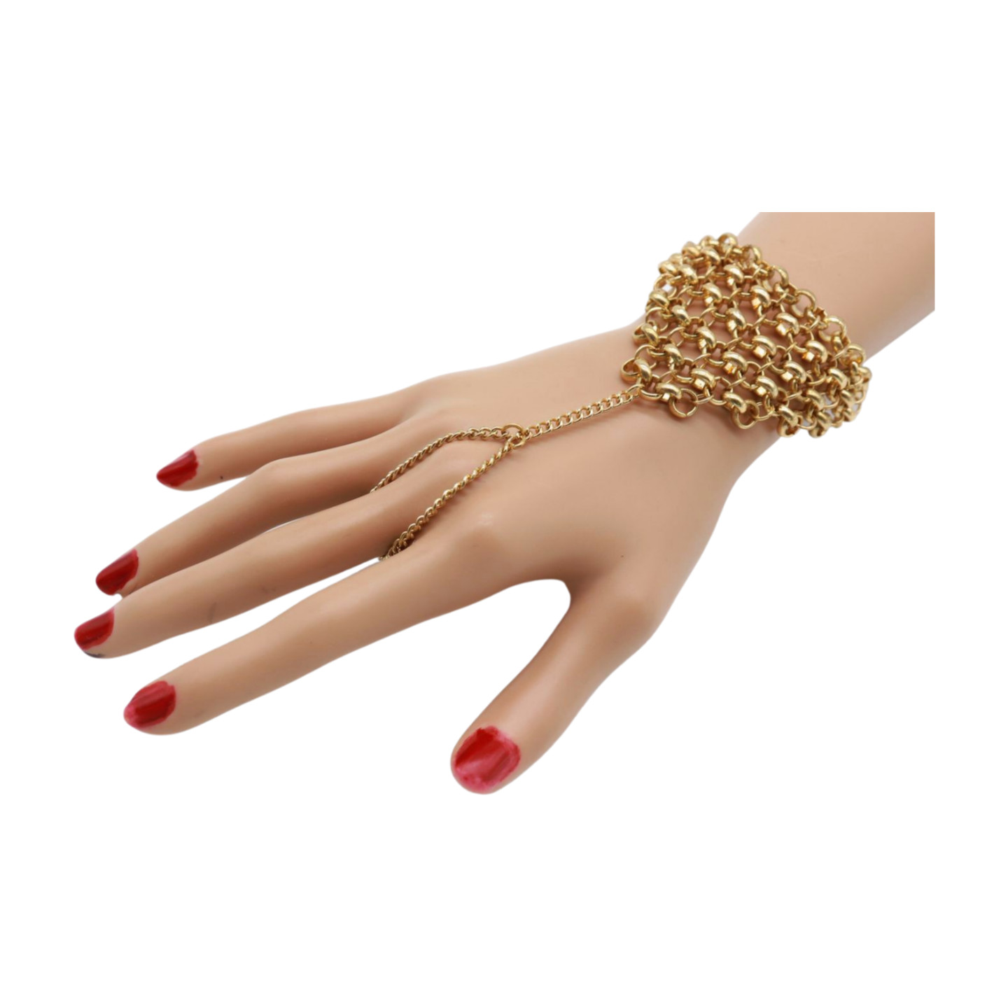 Women Gold Metal Hand Chain Bracelet Multi Links Ring Clubwear Easy Wear Sexy