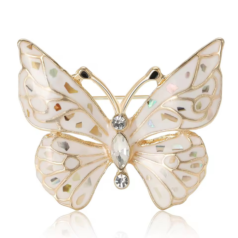 Sparkly White Shell Butterfly Brooch Rhinestone Gold Spring Summer Jewelry Gift