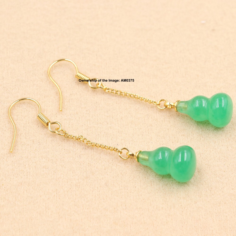 New Yellow Alloy Women’s Heated Green Jade Gourd Dangle Earrings Hook Earrings