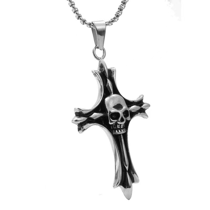 Mens Gothic Skull Cross Pendant Necklace Biker Jewelry Stainless Steel Chain 24″