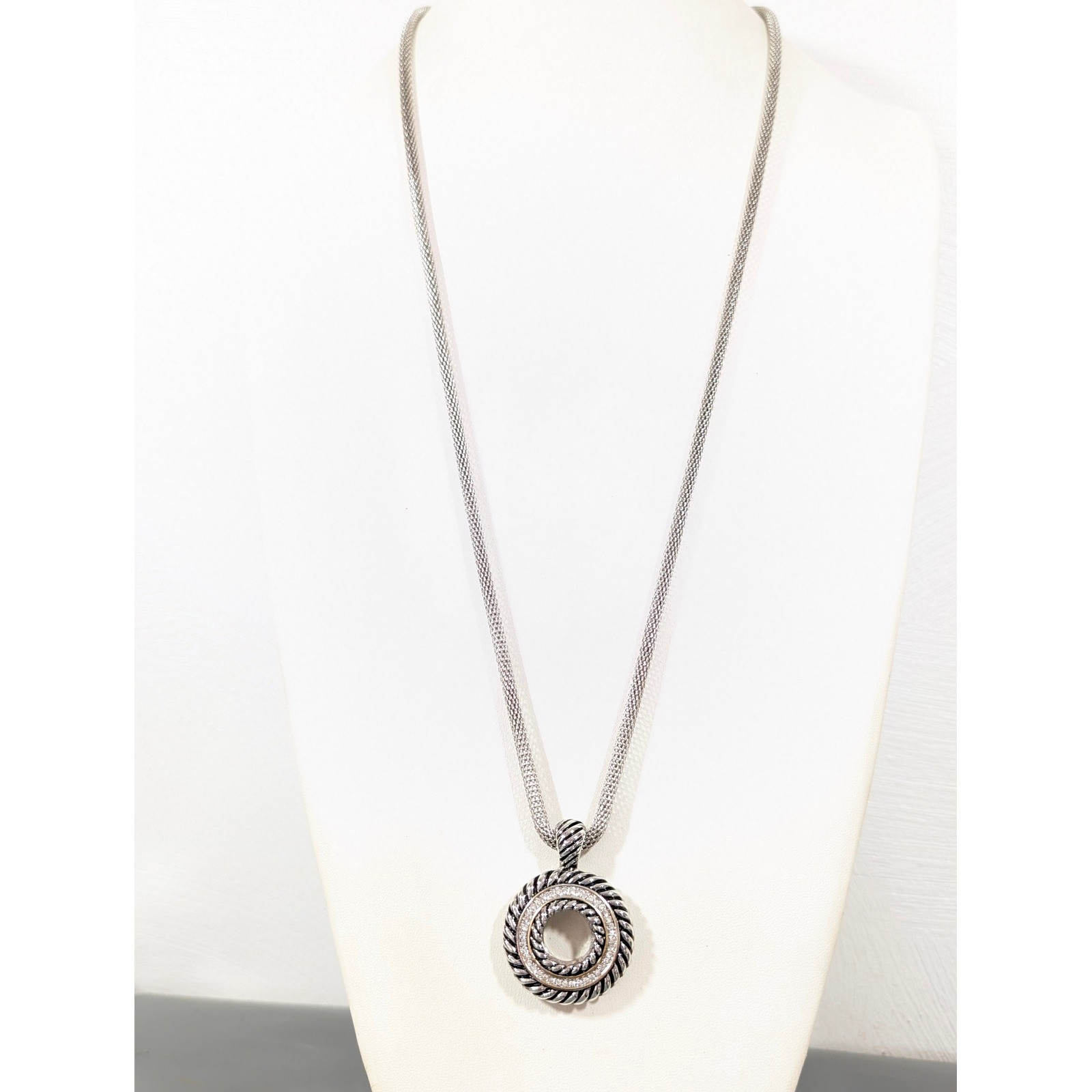 Silver Tone Mesh Chain Necklace Rhinestone Circle Pendant Long 32 In
