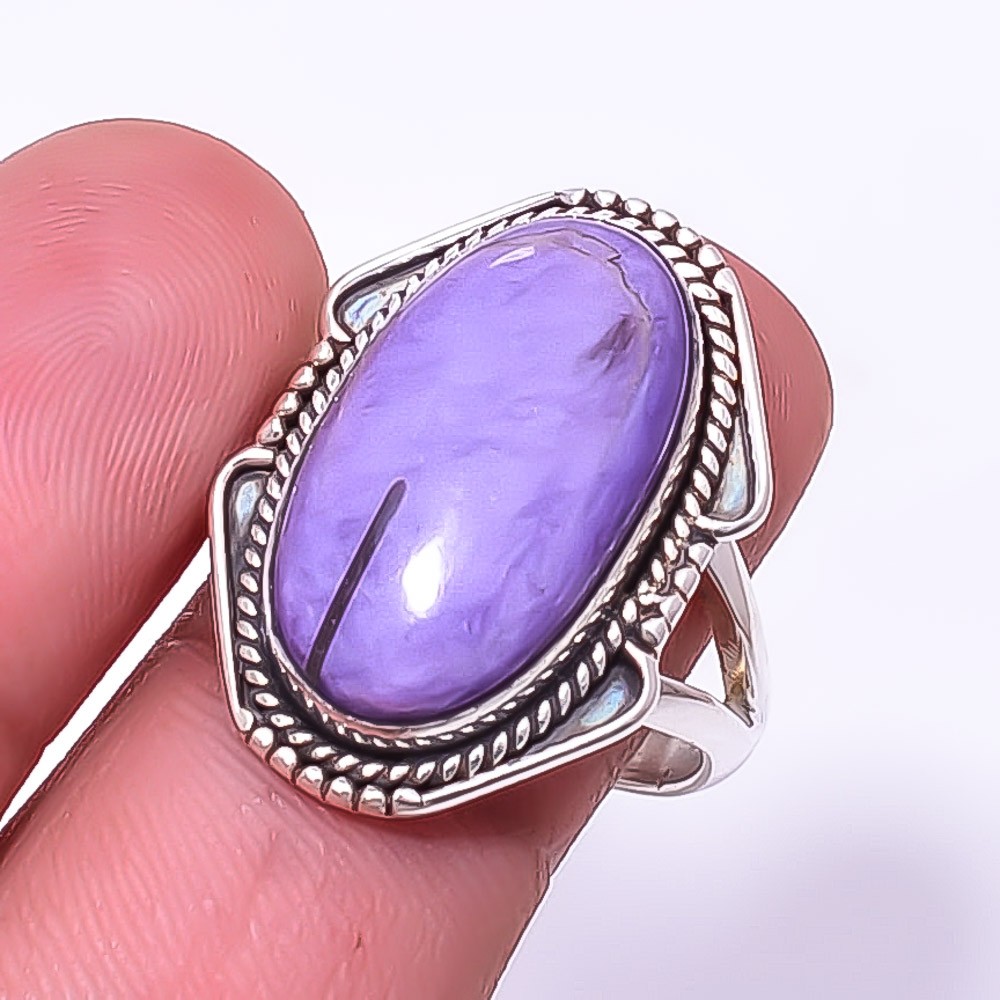 Purple Charoite Oxidised 925 Sterling Silver Handmade Ring S.9 R, Christmas Gift