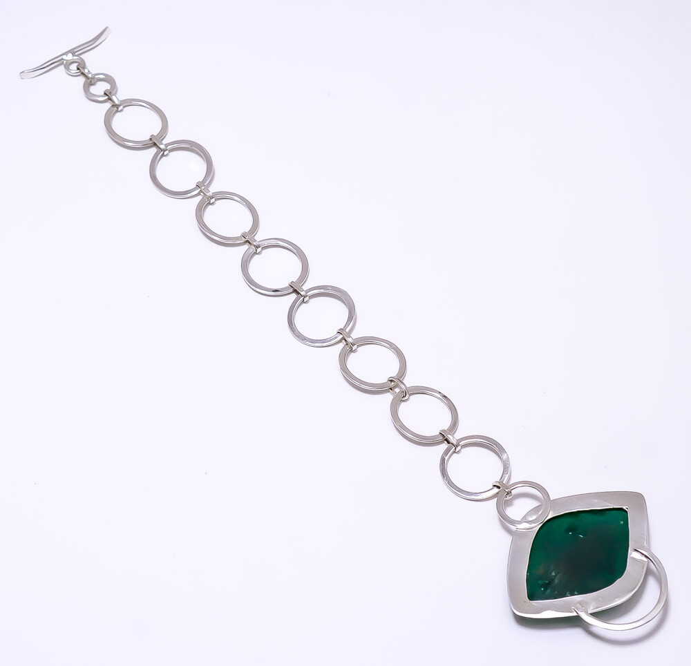 Carved Emerald (Simulated) 925 Sterling Silver Bracelet 7.99″ B_9214_73_26
