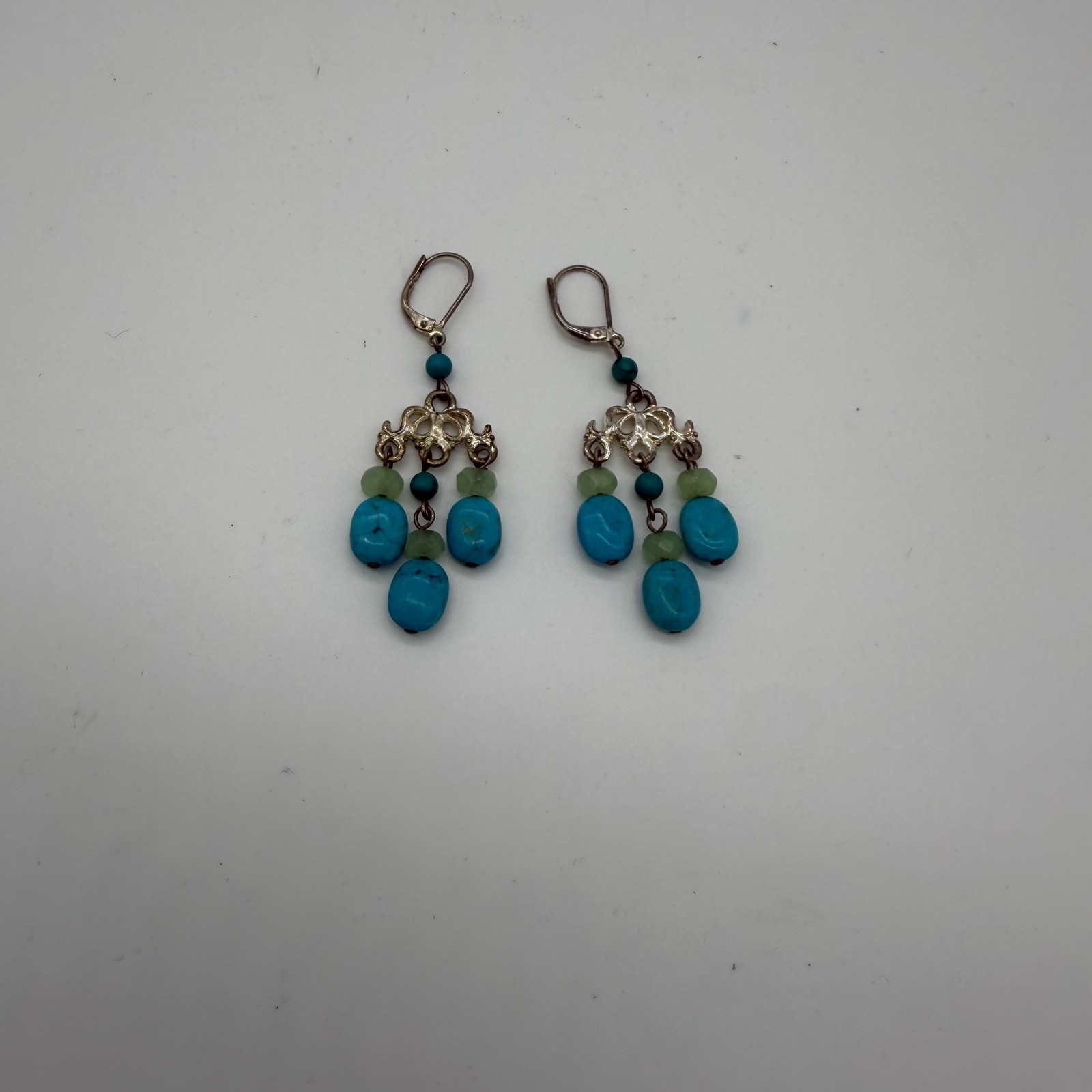 Barse Turquoise and Green Stone Chandelier Dangle Earrings Lever Back Silver
